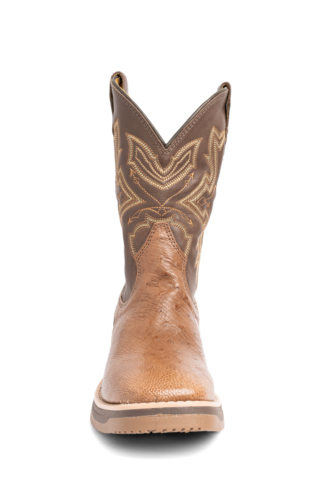 Cano com bordado western da bota masculina Strut em couro de avestruz tabaco