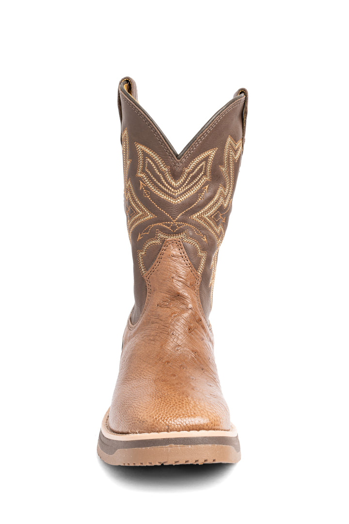 Cano com bordado western da bota masculina Strut em couro de avestruz tabaco