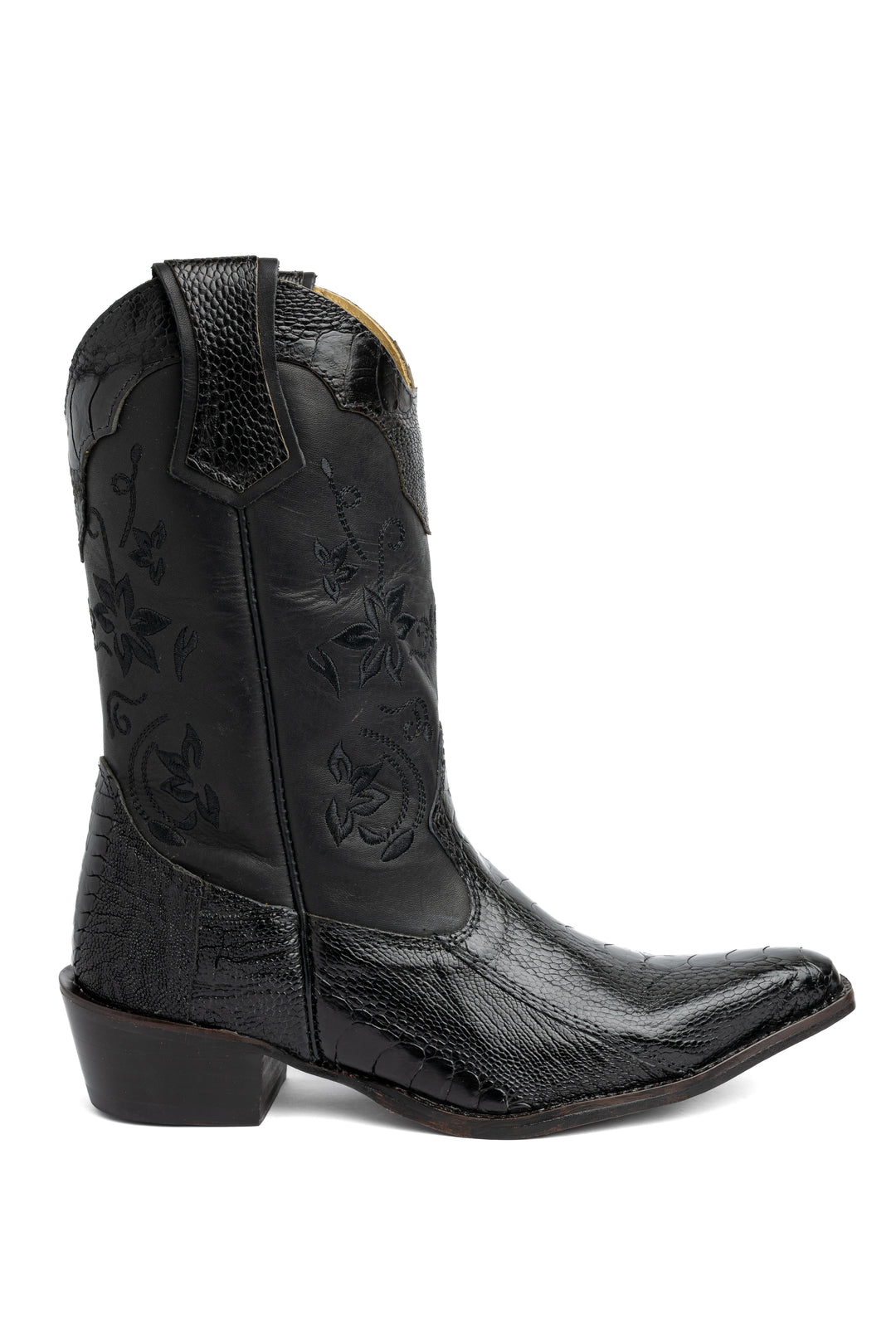 Bota feminina Strut em canela de avestruz preta, cano preto com bordado floral tom sobre tom, vista lateral