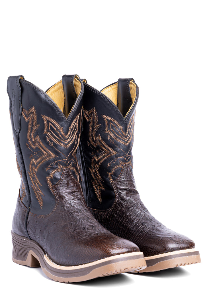 Par de botas masculinas Strut em couro de avestruz liso café