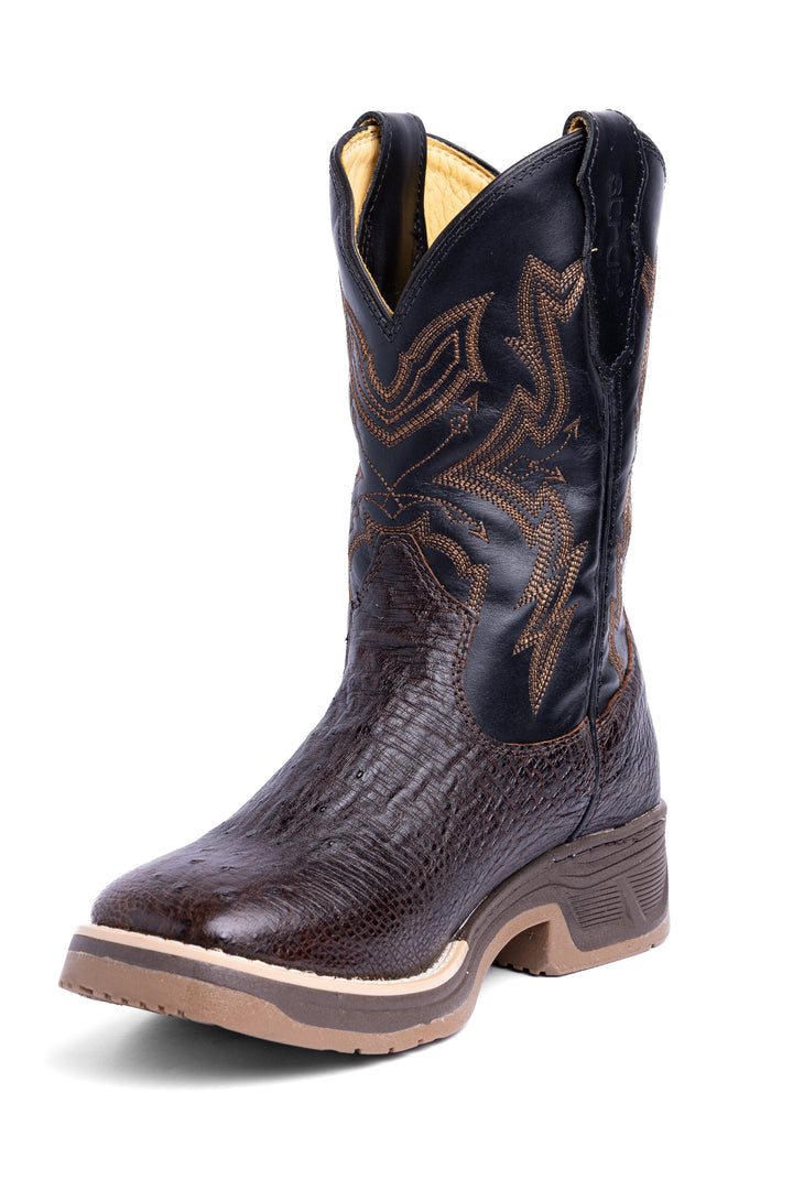 Bota masculina Strut em couro de avestruz café com cano preto e bordado western em fio cobre