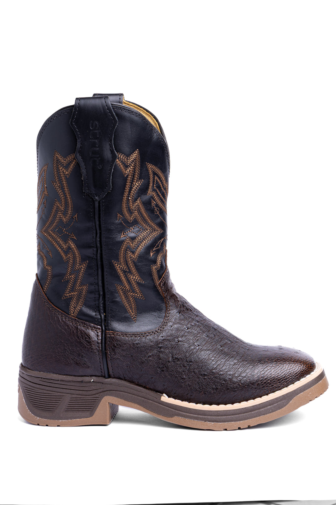 Bota masculina Strut couro de avestruz liso café vista lateral com solado Jump