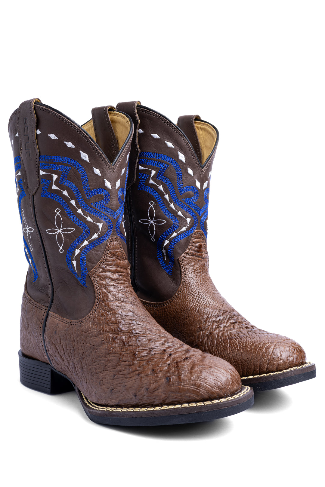 Par de botas masculinas Strut em couro de avestruz liso tabaco com bordado azul