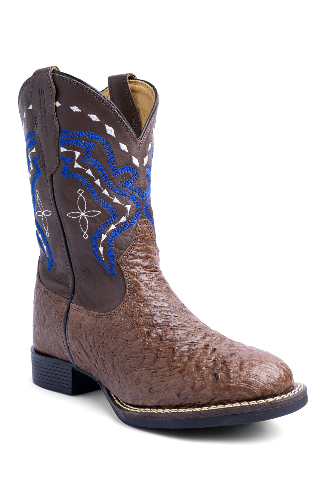 Bota masculina Strut em couro de avestruz liso tabaco com bico redondo e cano bordado azul