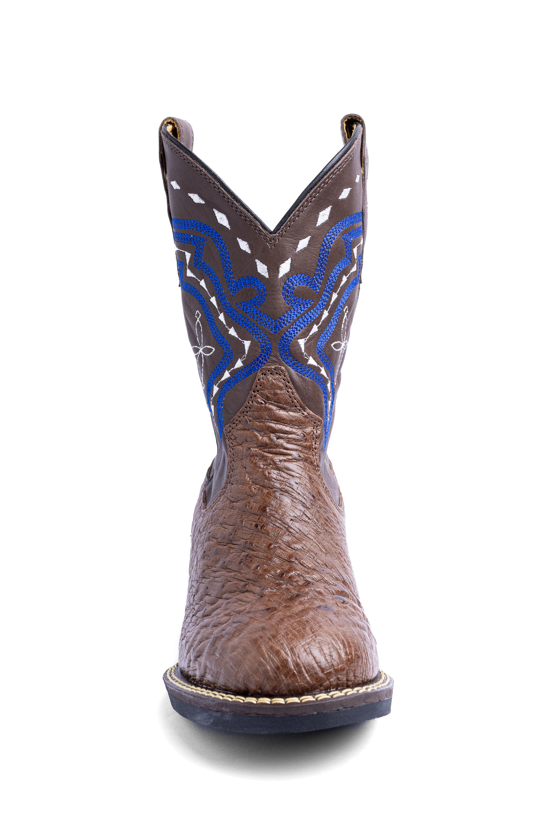 Bota masculina Strut couro de avestruz tabaco vista frontal com bordado azul no cano