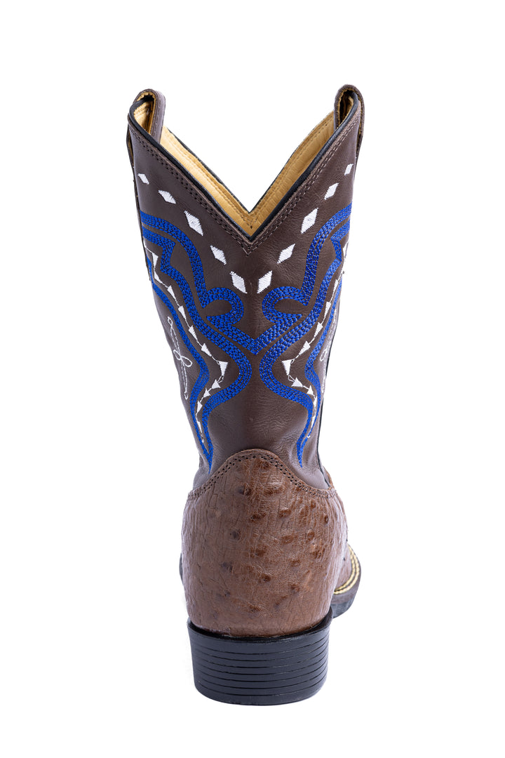 Bota masculina Strut couro de avestruz tabaco vista traseira com salto em borracha