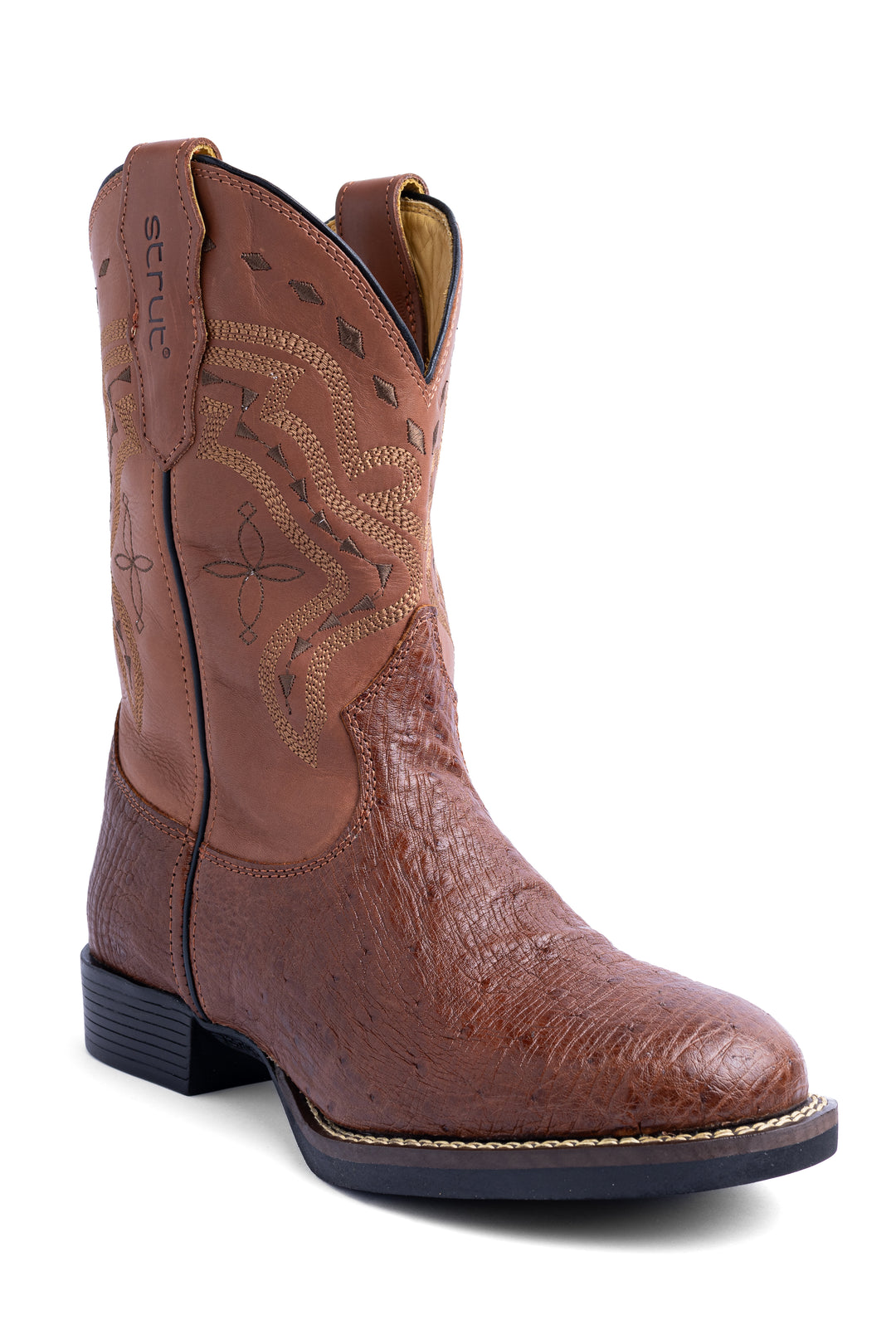 Bota masculina Strut em couro de avestruz liso caramelo com bico redondo