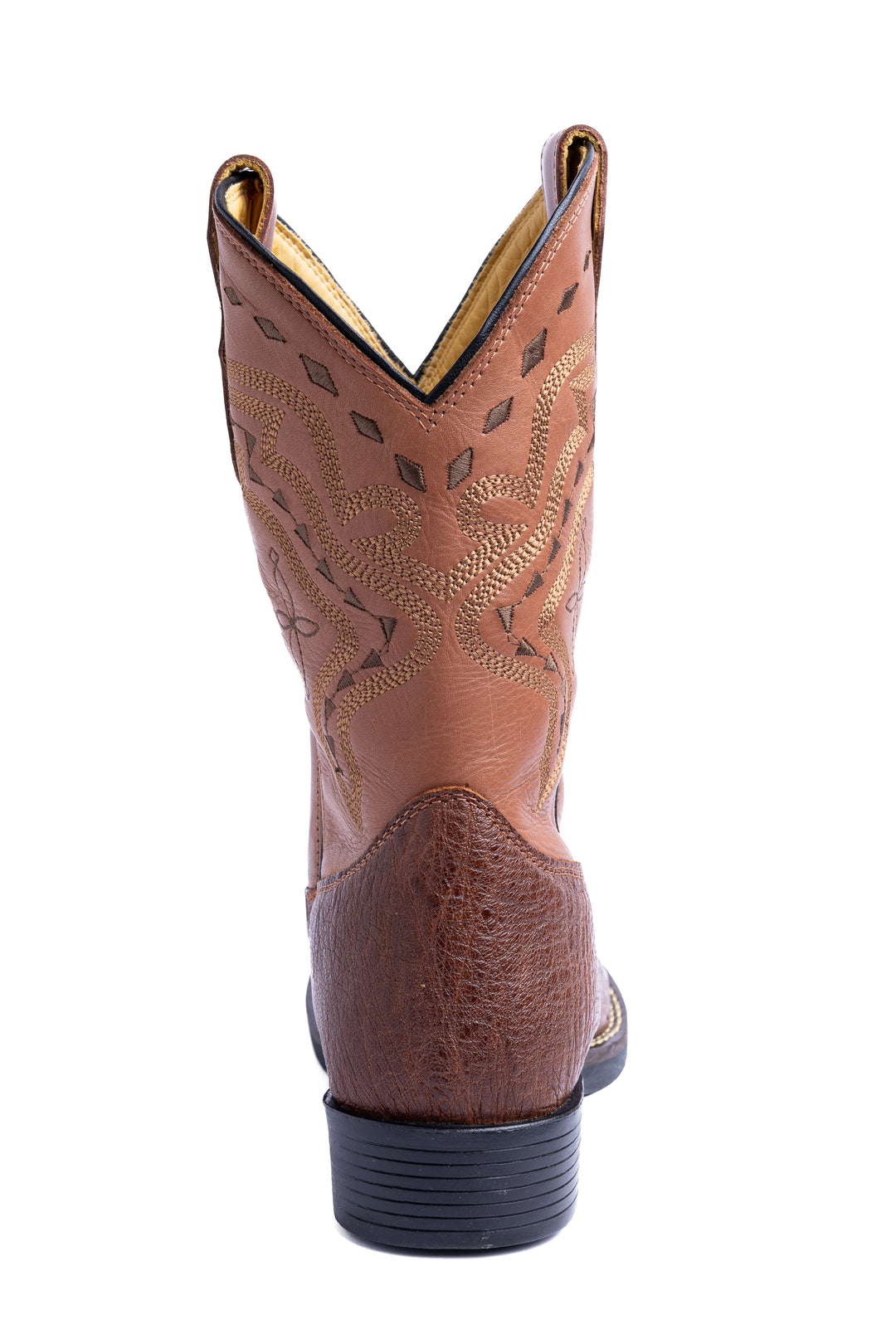Bota masculina Strut couro de avestruz caramelo vista traseira com salto em borracha