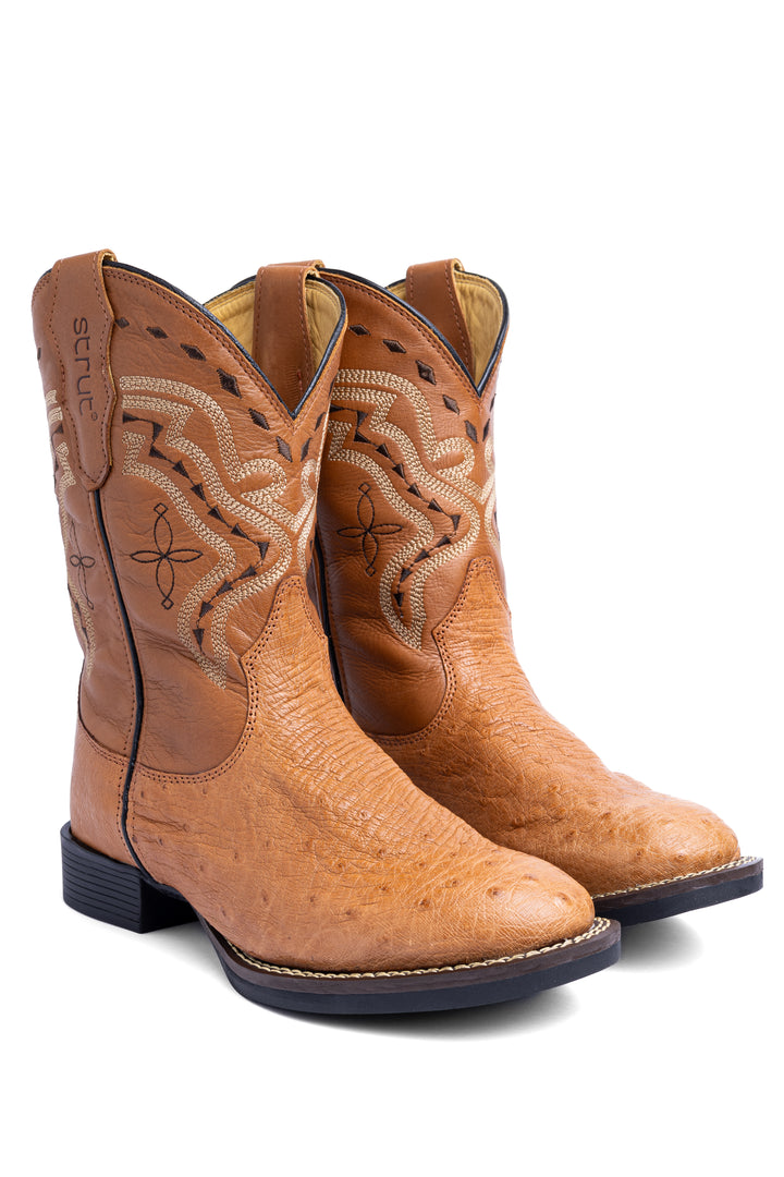 Par de botas masculinas Strut em couro de avestruz liso chestnut