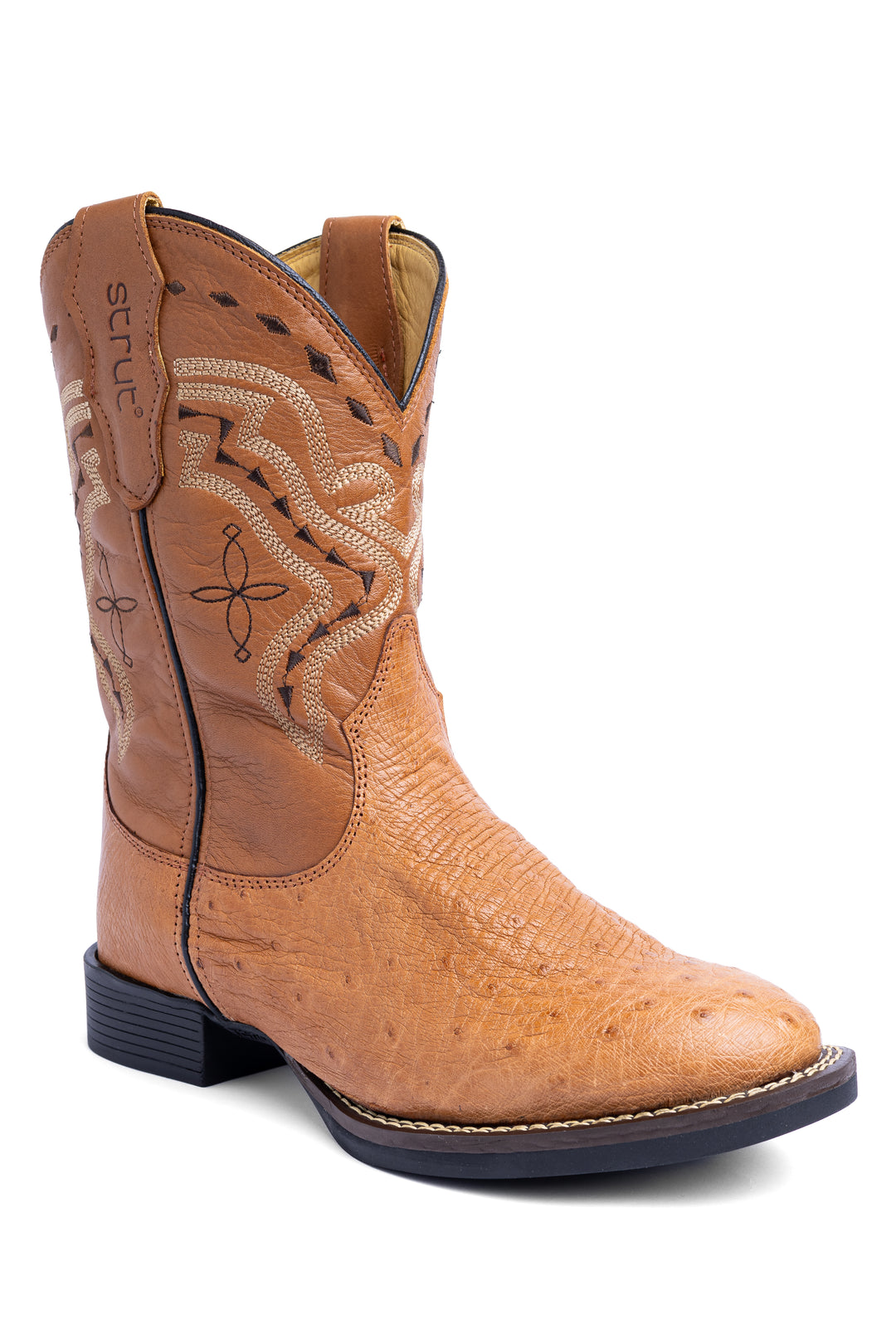 Bota masculina Strut em couro de avestruz liso chestnut com bico redondo
