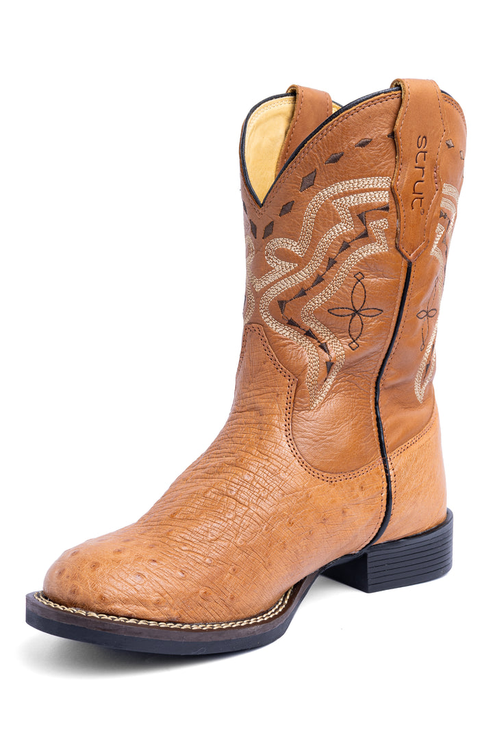 Bota masculina Strut em couro de avestruz chestnut, cano com bordado western tom sobre tom