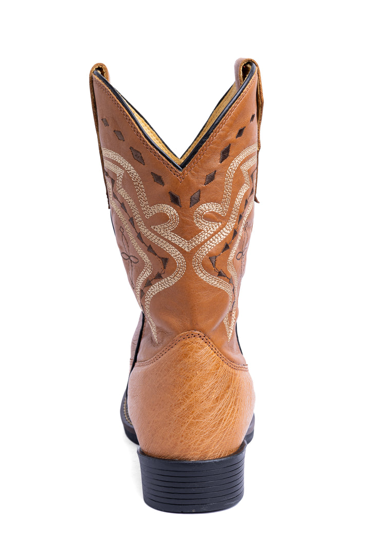 Bota masculina Strut couro de avestruz chestnut vista traseira com salto em borracha