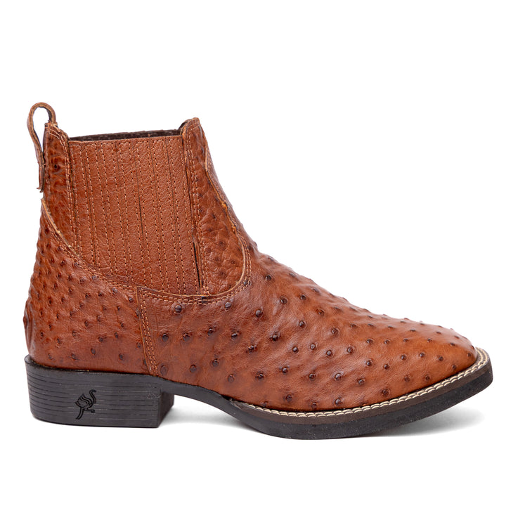 Botina Masculina Strut em Couro de Avestruz Cheio Caramelo