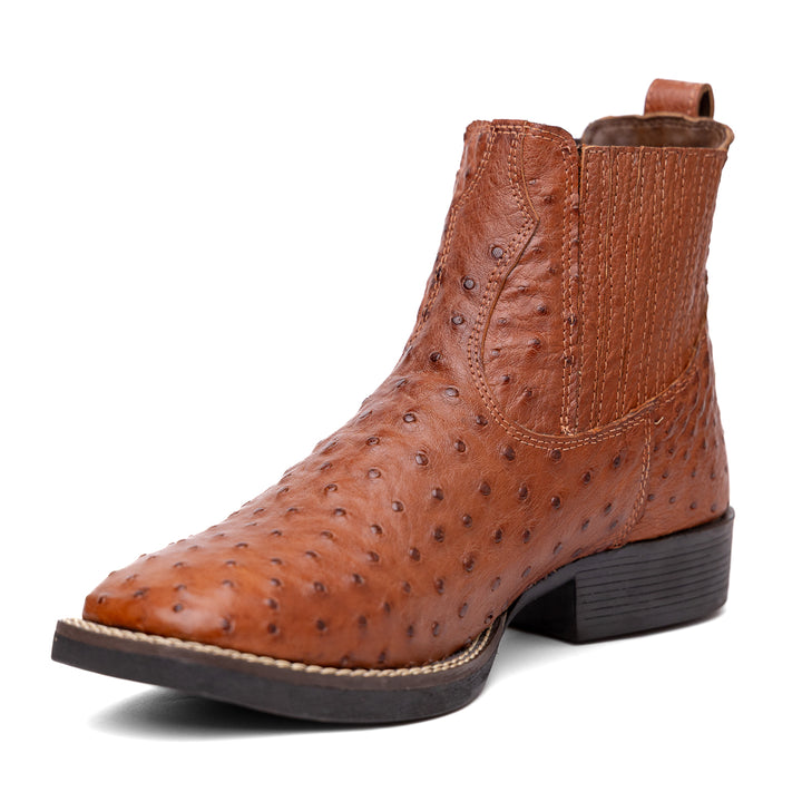 Botina Masculina Strut em Couro de Avestruz Cheio Caramelo