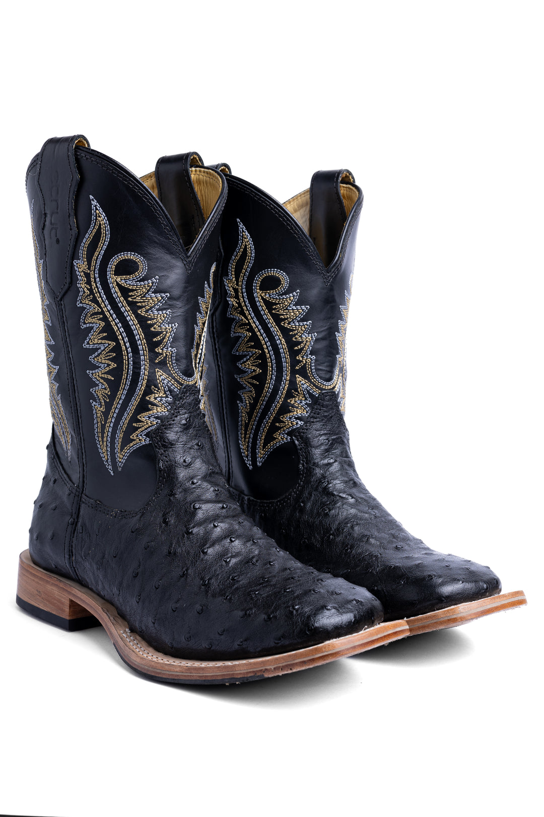 Par de botas masculinas Strut em couro de avestruz cheio preta, edição limitada