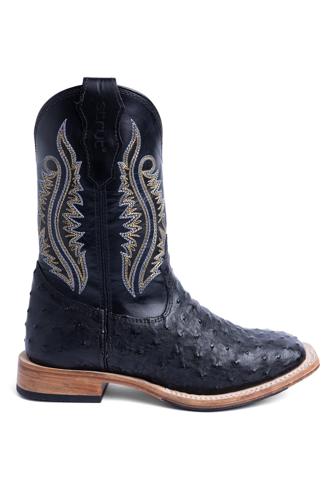 Bota masculina Strut couro de avestruz cheio preta vista lateral com salto em couro empilhado