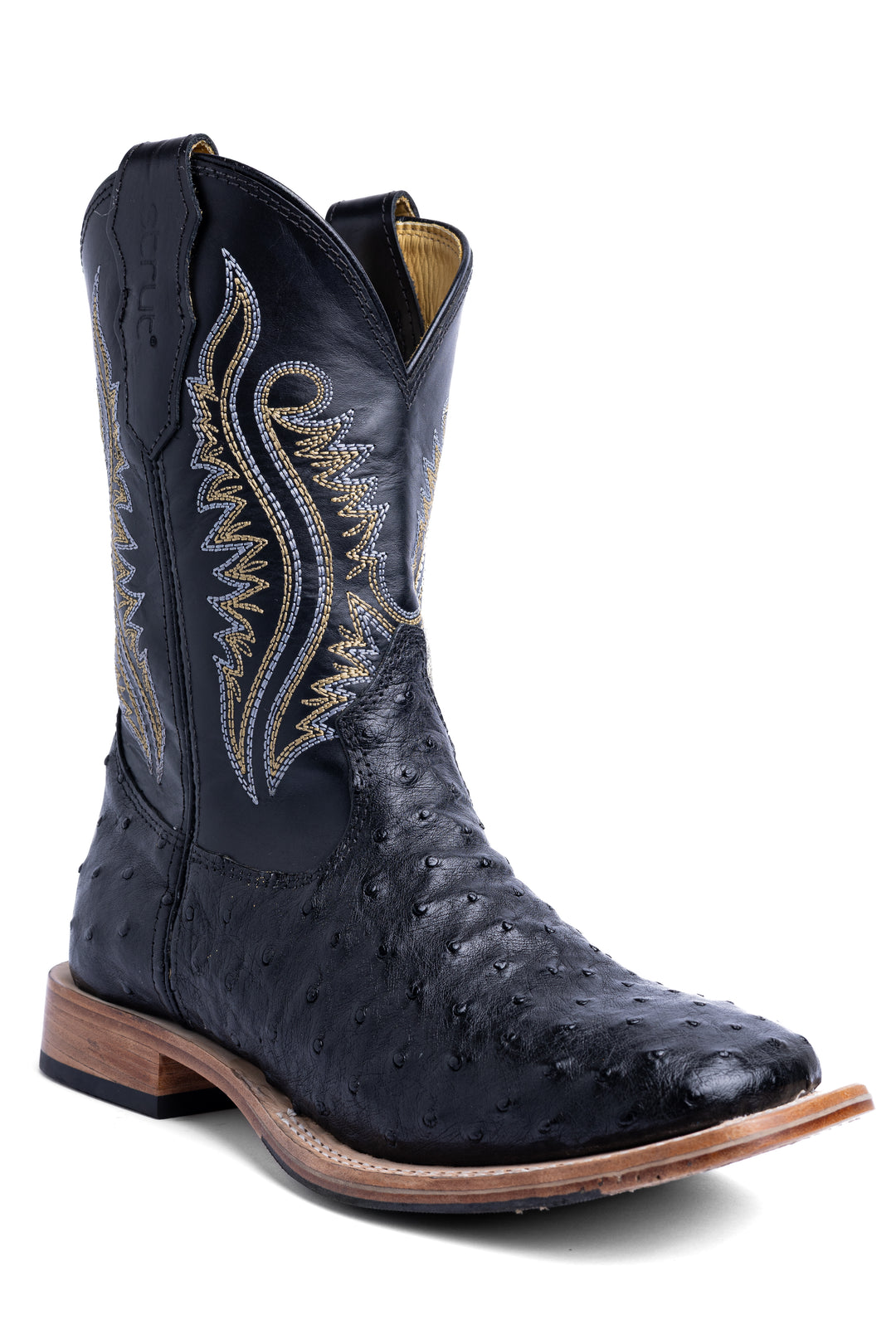 Bota masculina Strut em couro de avestruz cheio preta, ponteada, edição limitada