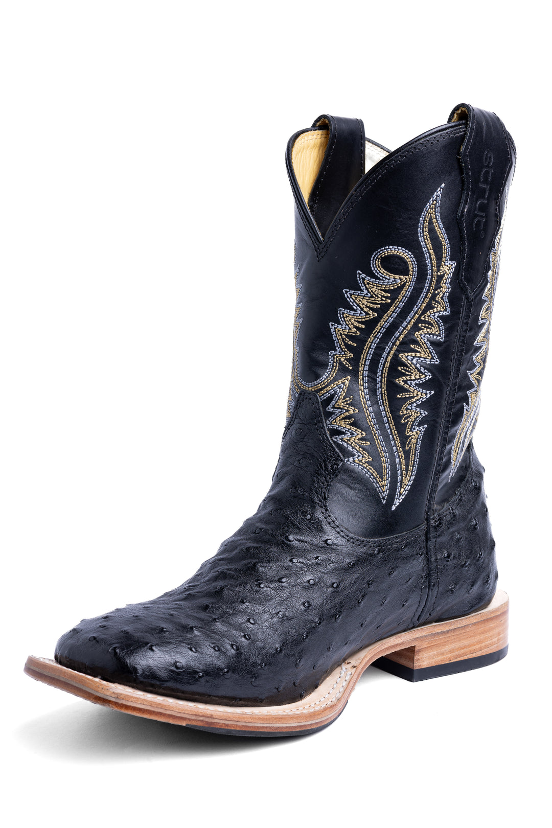 Bota masculina Strut em couro de avestruz cheio preta, cano com bordado em dourado e prata