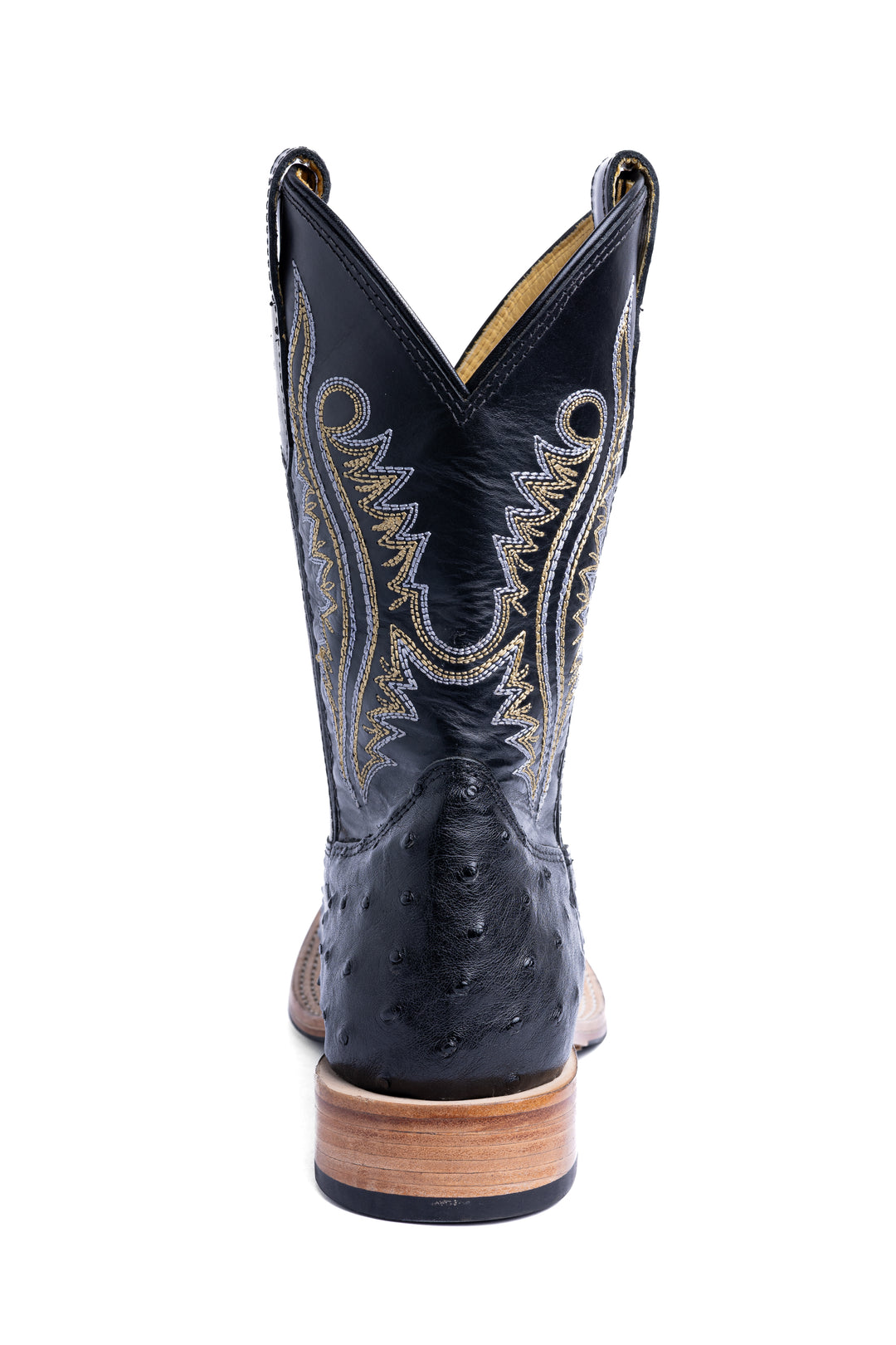 Bota masculina Strut couro de avestruz cheio preta vista traseira com salto em couro