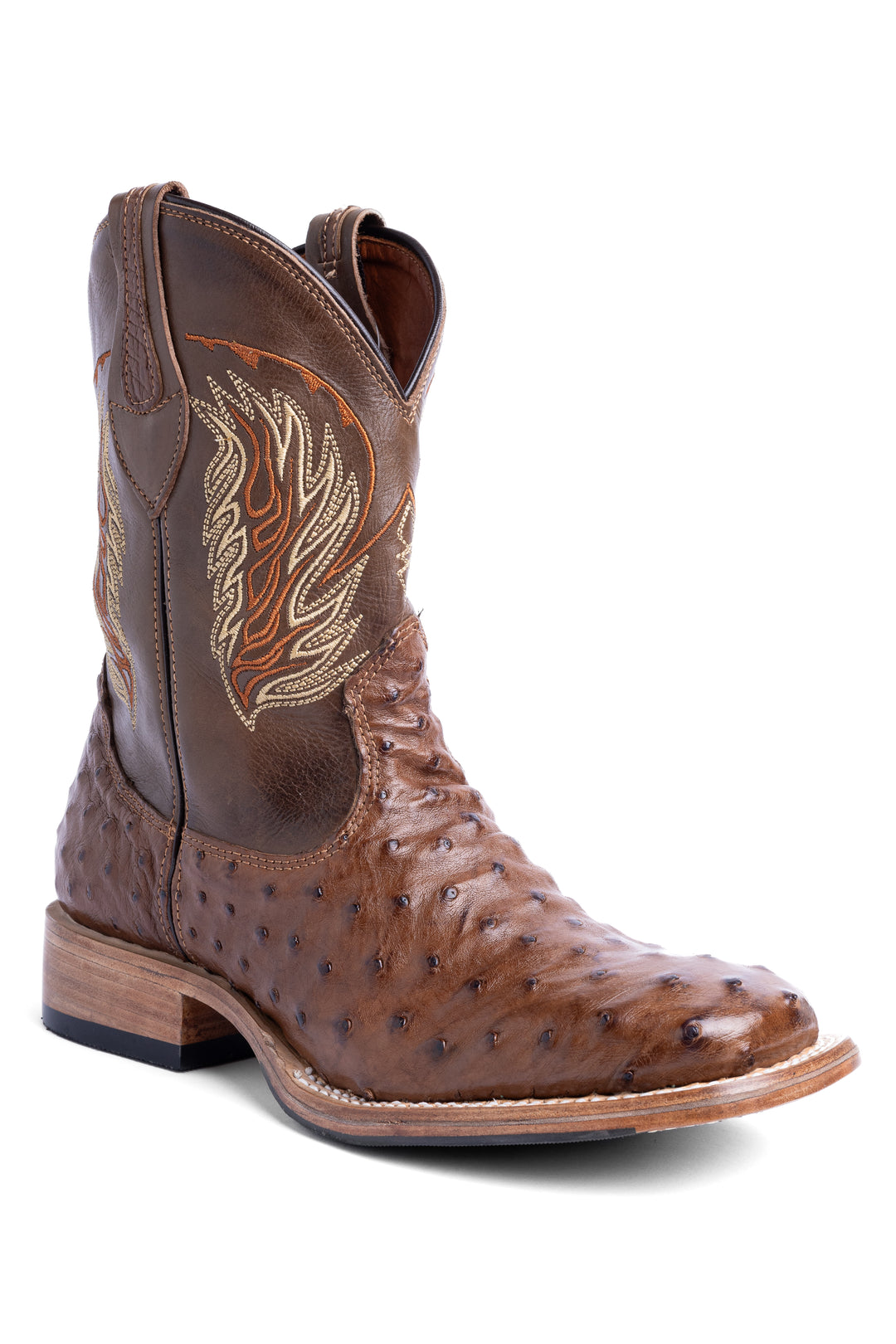 Bota masculina Strut em couro de avestruz cheio tabaco, ponteada, edição limitada