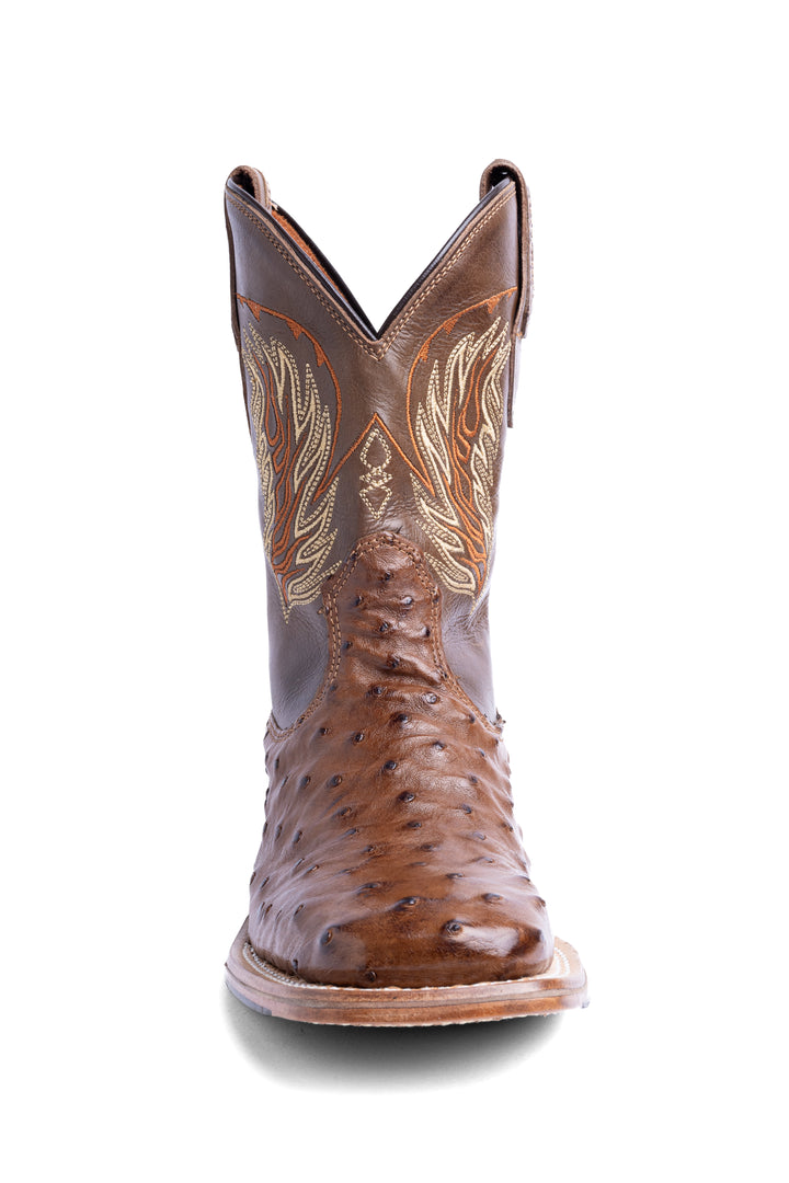 Bota masculina Strut couro de avestruz cheio tabaco vista frontal