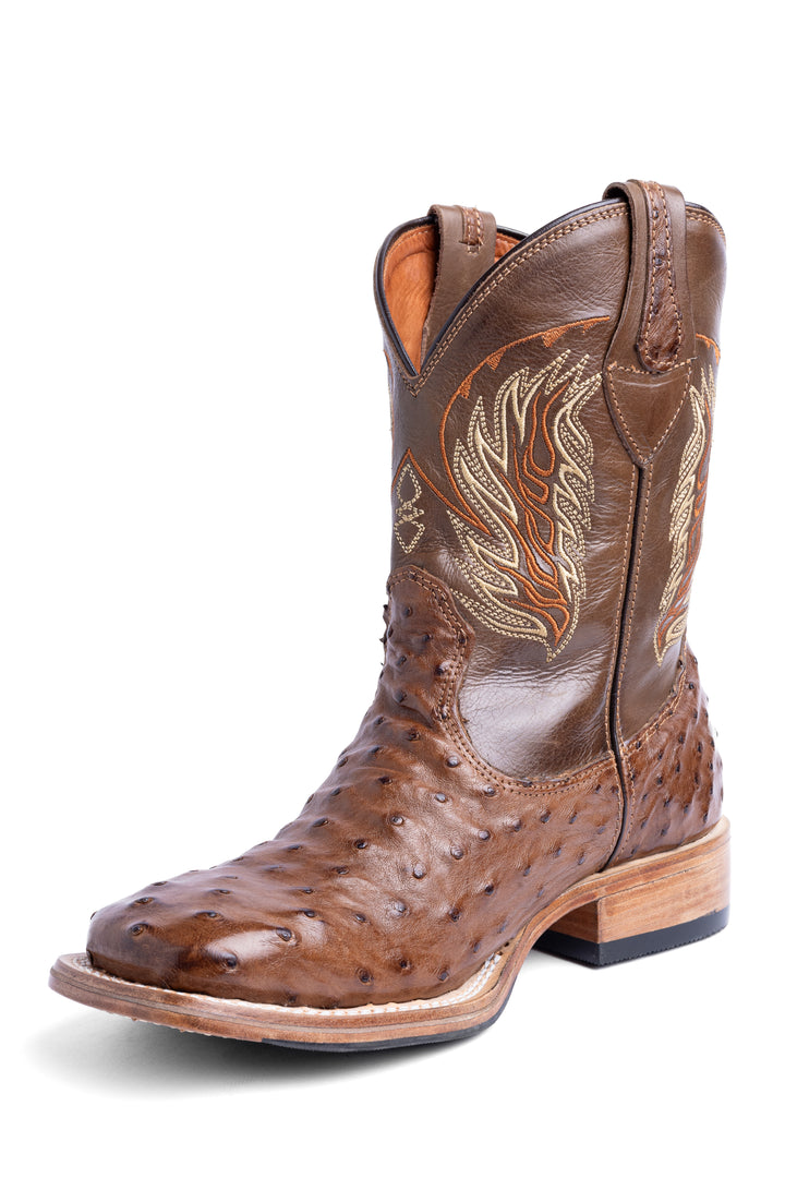 Bota masculina Strut em couro de avestruz cheio tabaco, cano marrom-oliva com bordado em bege e laranja