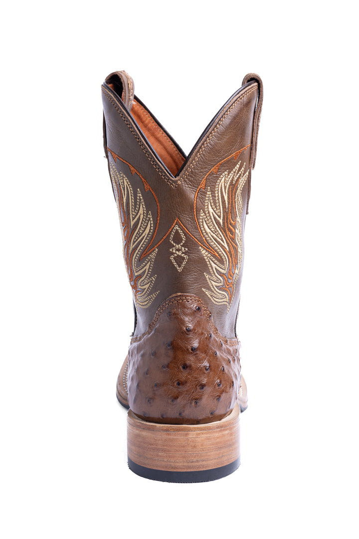Bota masculina Strut couro de avestruz cheio tabaco vista traseira com salto em couro