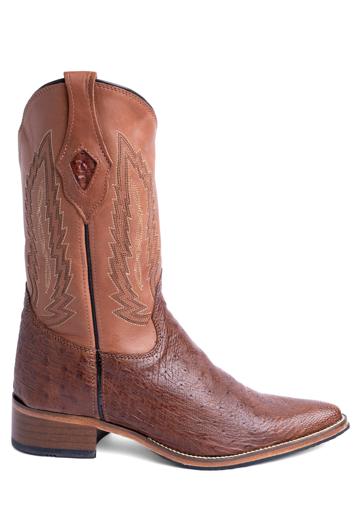 Bota masculina Strut couro de avestruz liso caramelo bico fino vista lateral