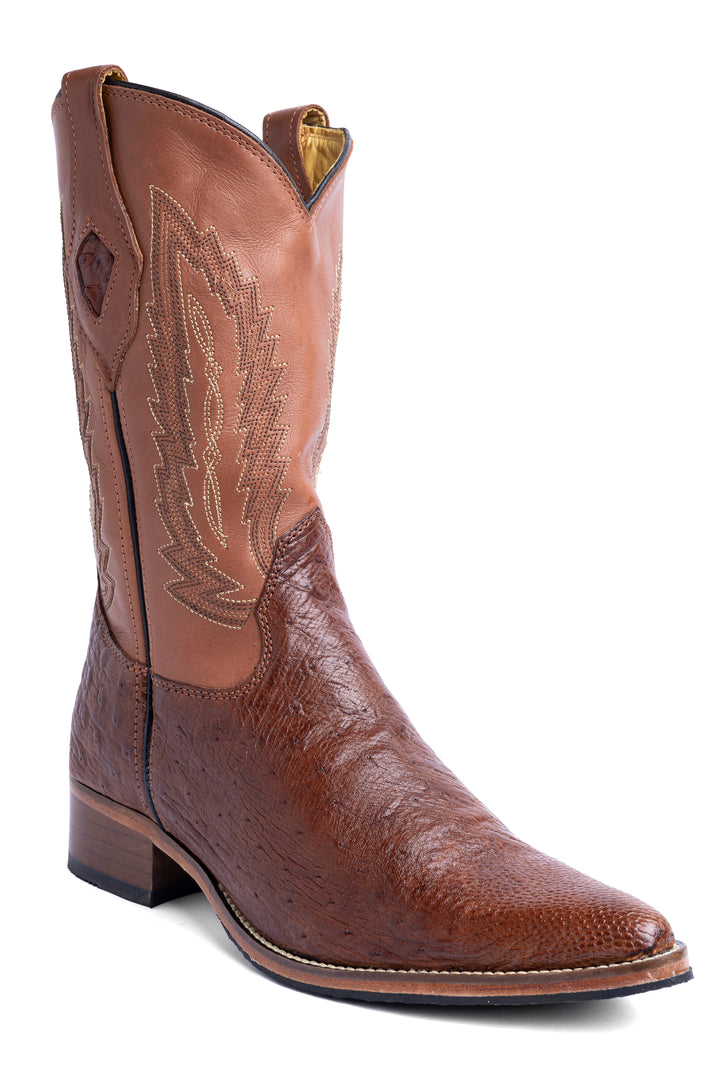 Bota masculina Strut em couro de avestruz liso caramelo com bico fino