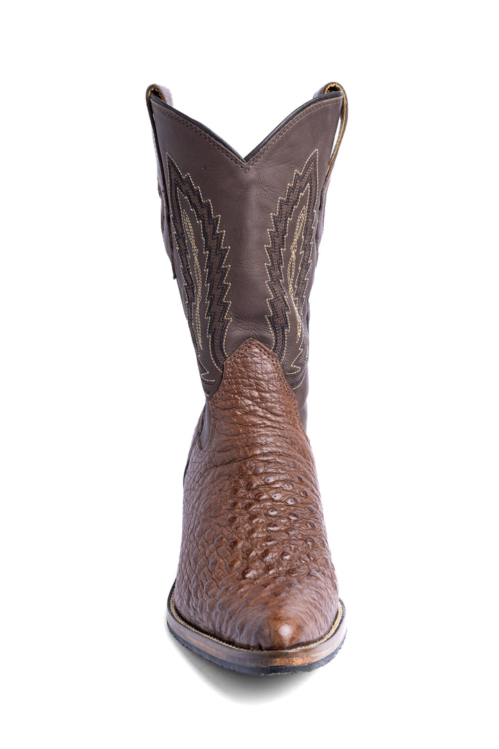 Bota masculina Strut couro de avestruz tabaco bico fino vista frontal