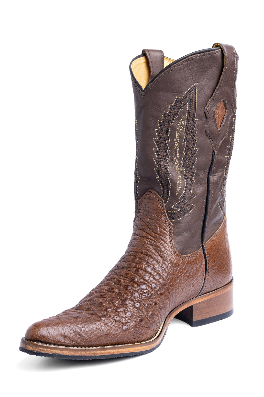 Bota masculina Strut em couro de avestruz tabaco, cano marrom-escuro com bordado western