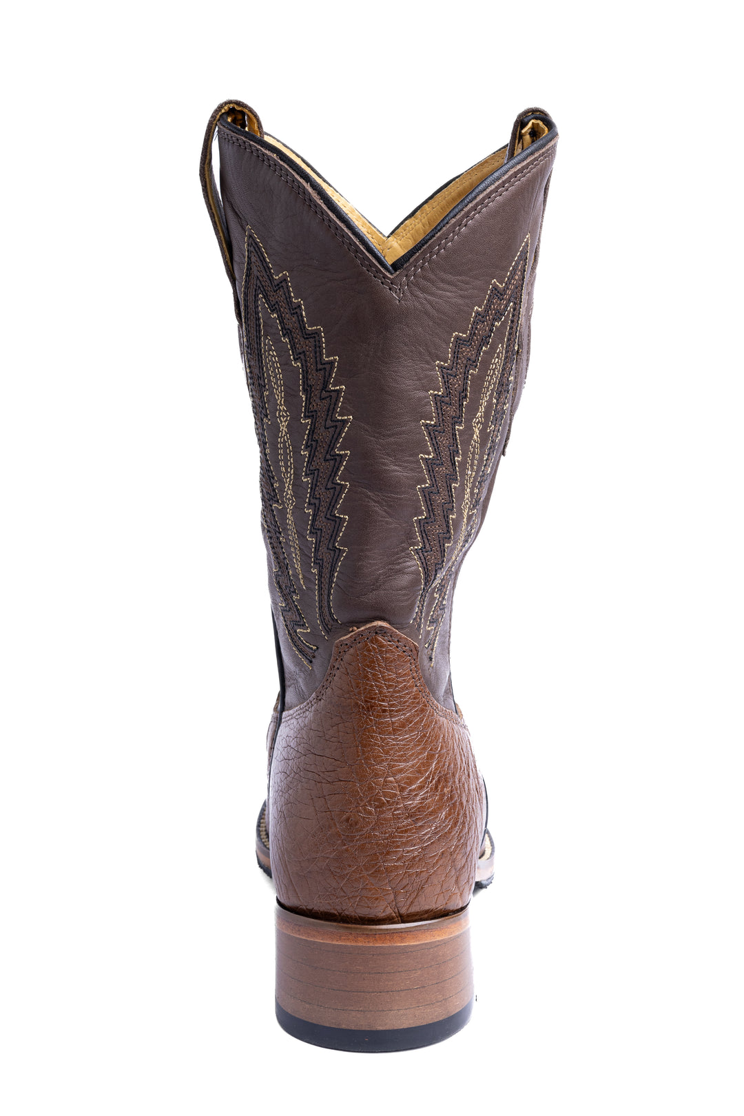 Bota masculina Strut couro de avestruz tabaco vista traseira com salto em couro empilhado