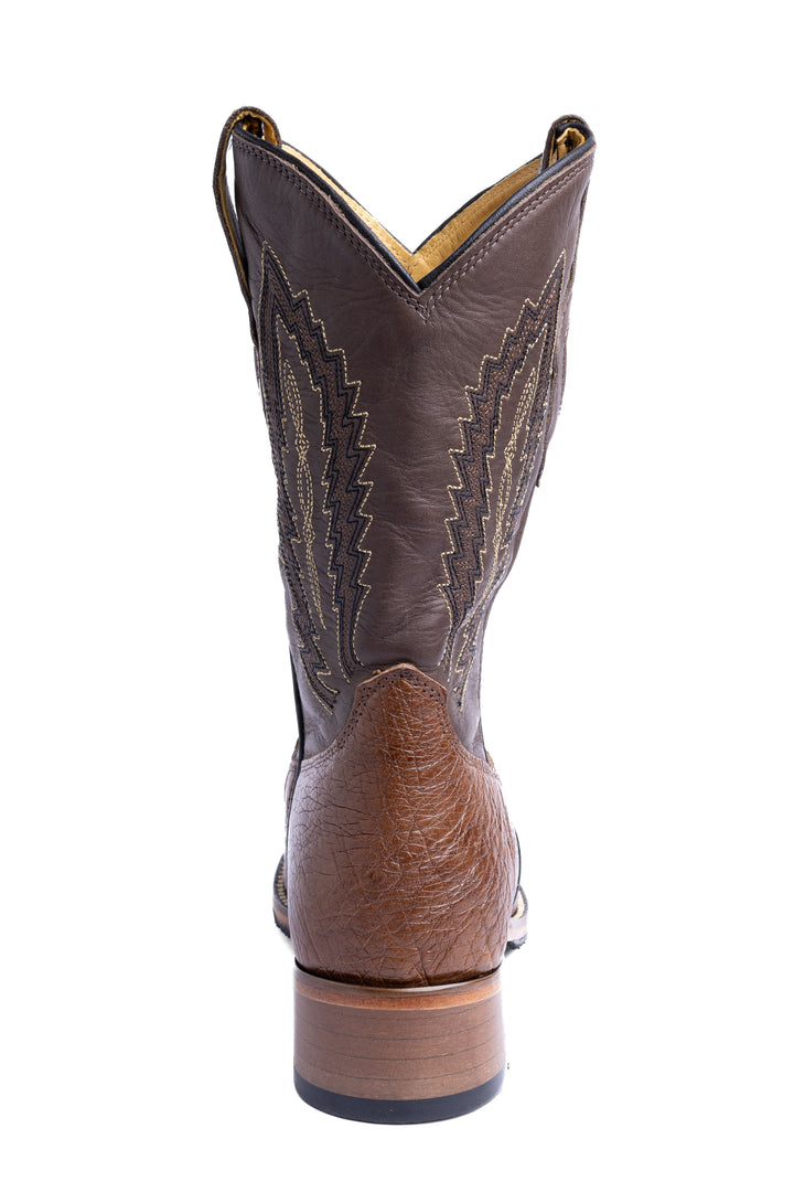 Bota masculina Strut couro de avestruz tabaco vista traseira com salto em couro empilhado
