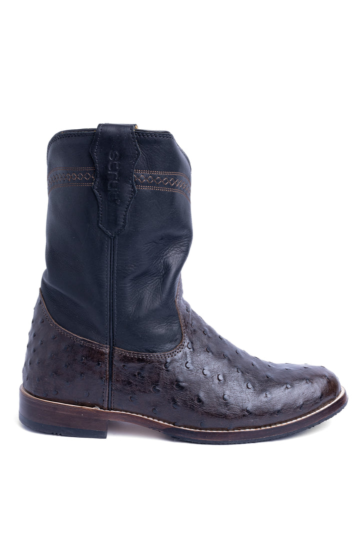 Bota roper Strut couro de avestruz cheio café vista lateral externa