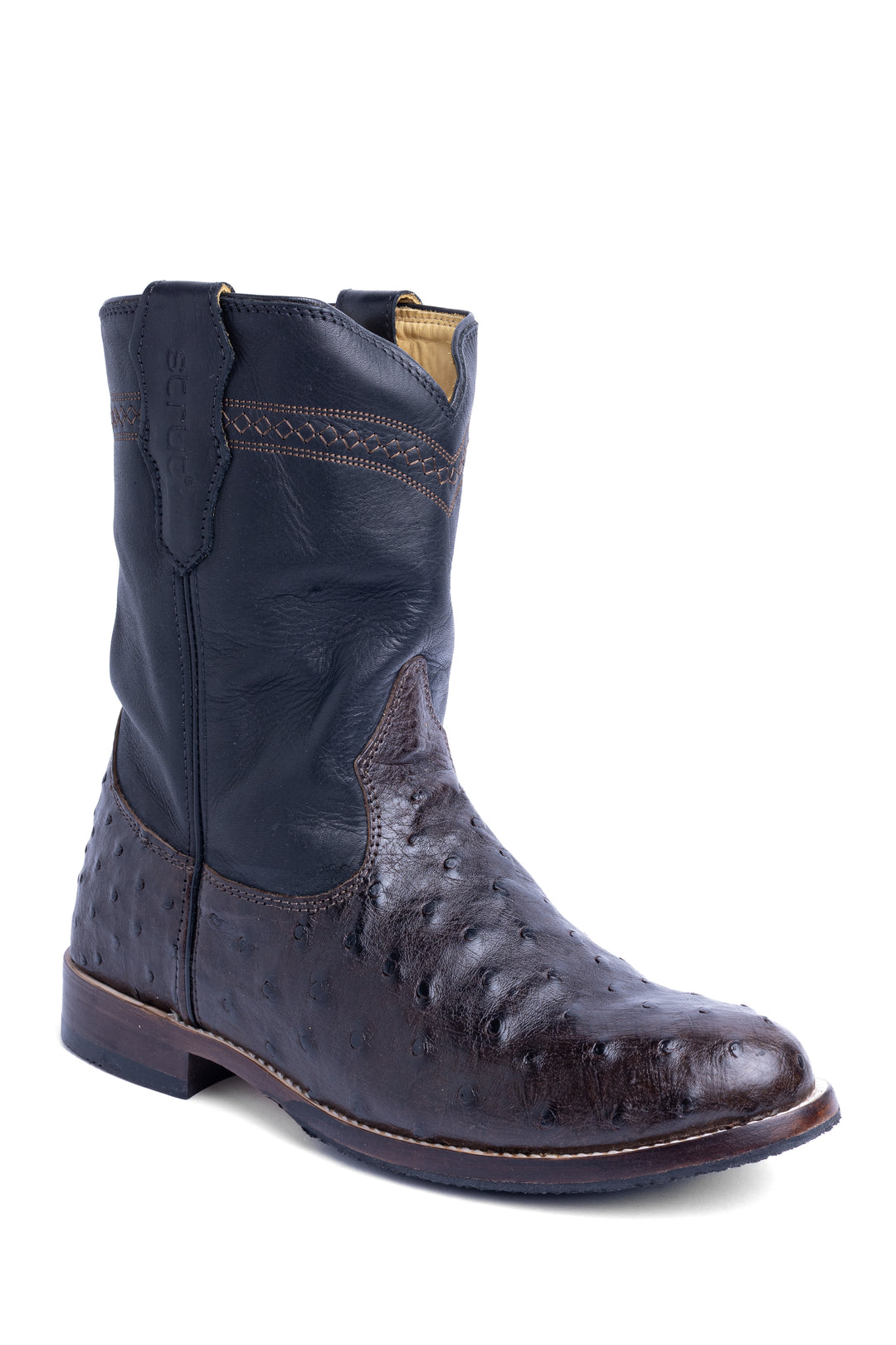 Bota roper Strut couro de avestruz cheio café vista lateral, cano preto com pesponto