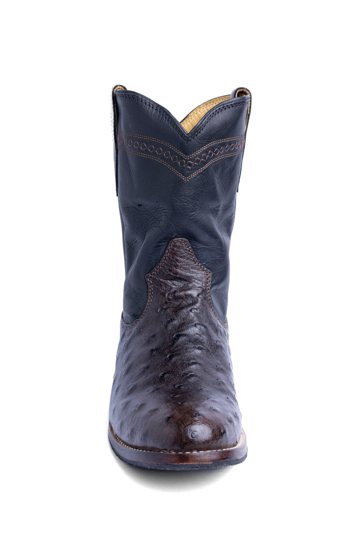 Bota roper Strut couro de avestruz cheio café vista frontal