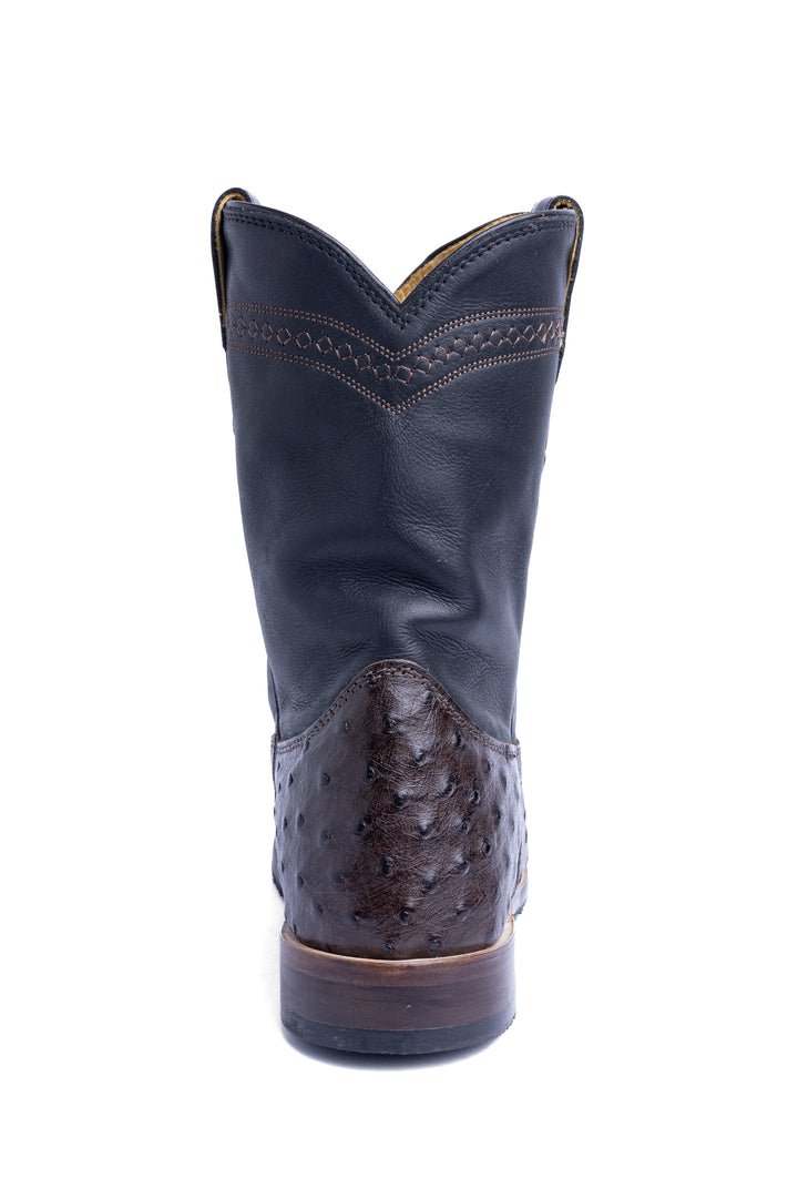 Bota roper Strut couro de avestruz cheio café vista traseira com salto em couro empilhado