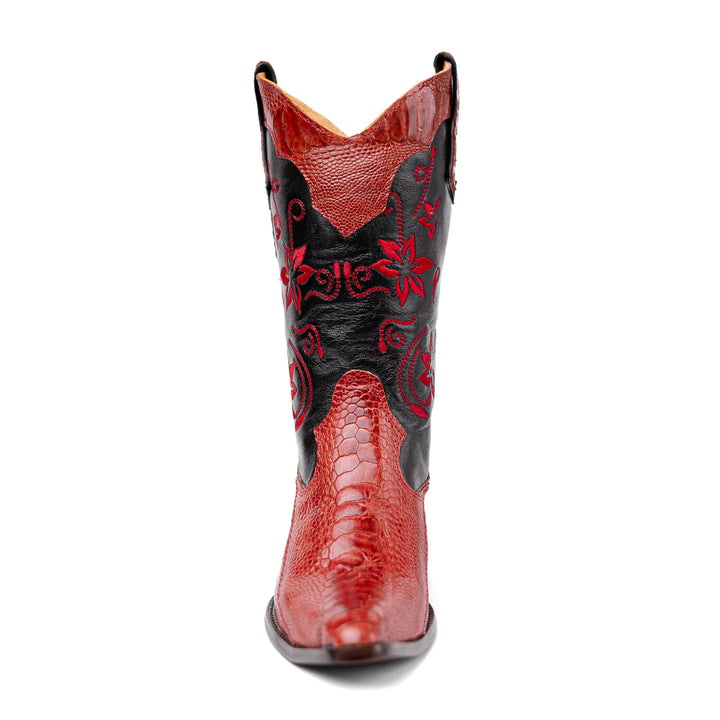Bota feminina Strut canela de avestruz vermelha bico fino vista frontal
