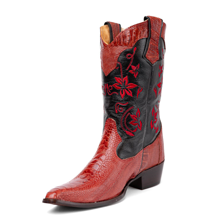Bota feminina Strut em couro de canela de avestruz vermelha com bico fino