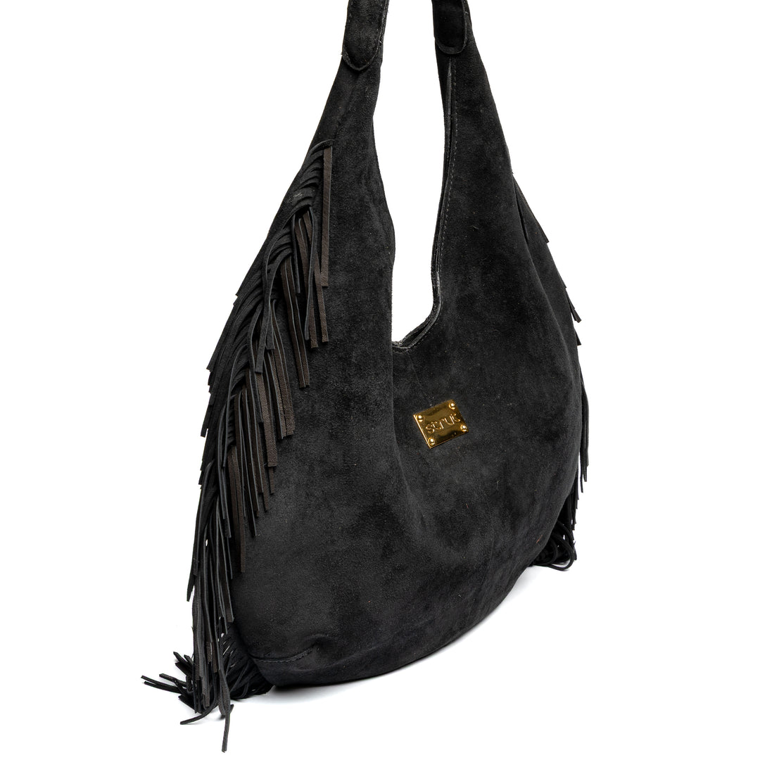 Bolsa em Camurça Preta com Franja