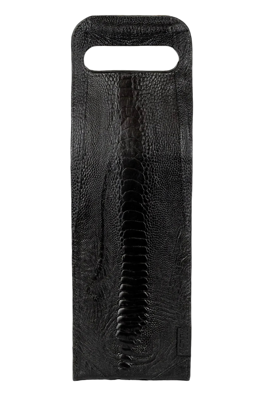 Porta-vinho em couro de canela de avestruz preto Strut com garrafa