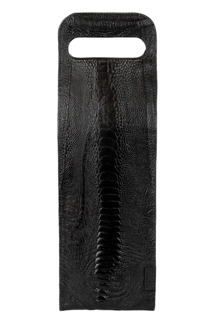 Porta-vinho em couro de canela de avestruz preto Strut com garrafa