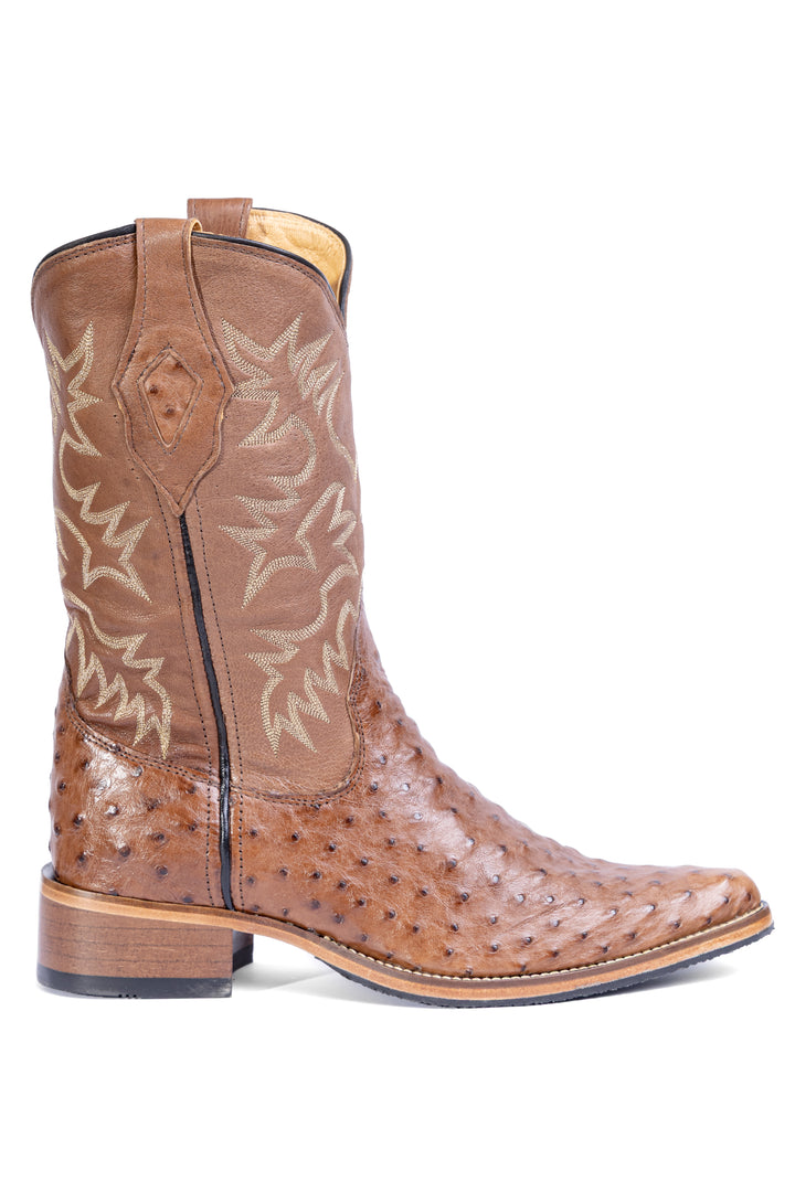 Bota Masculina Strut Bico Fino em Couro de Avestruz Tabaco