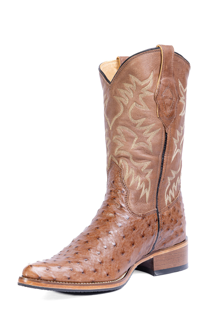 Bota Masculina Strut Bico Fino em Couro de Avestruz Tabaco