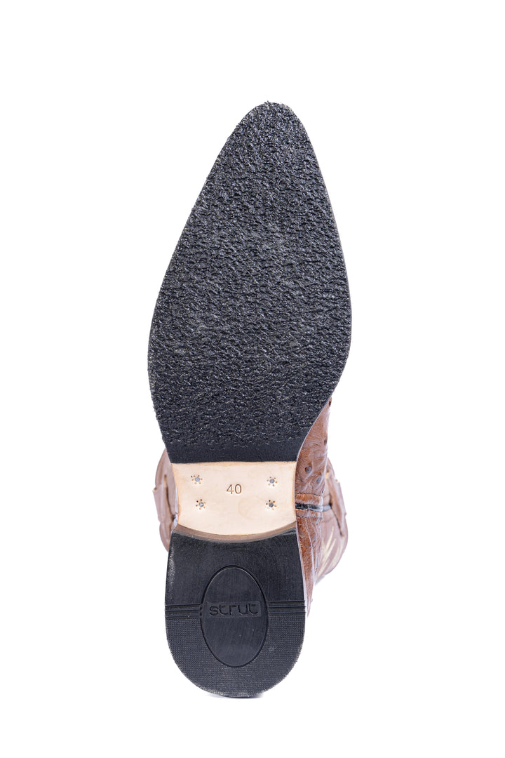 Bota Masculina Strut Bico Fino em Couro de Avestruz Tabaco