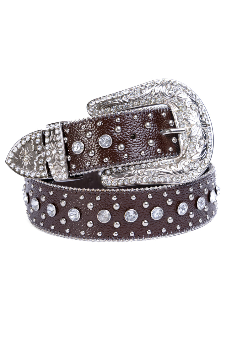 Cinto Feminino em Couro Bovino com Strass e Cravos