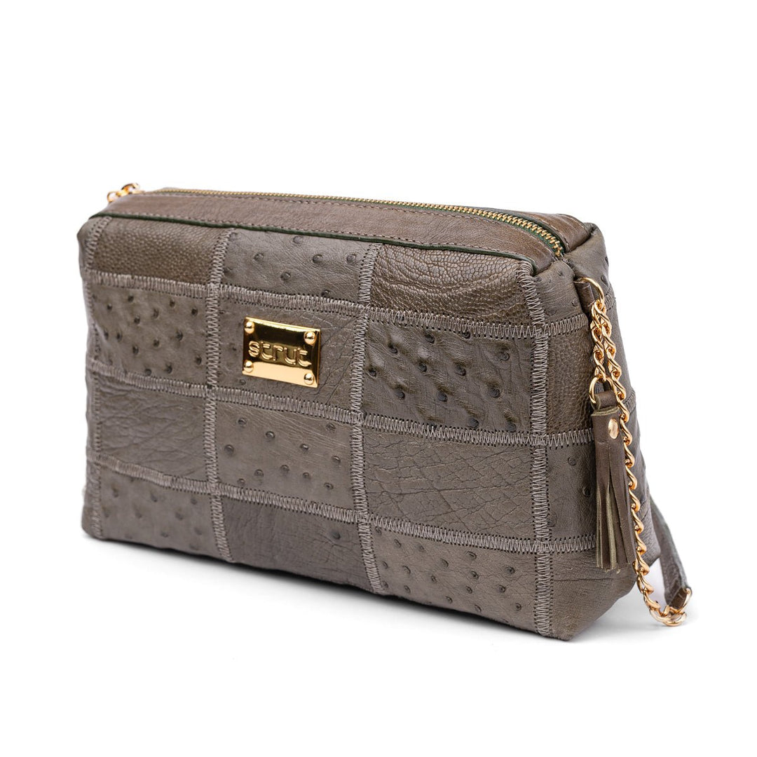 Bolsa de Ombro Feminina em Manta de Couro de Avestruz Verde Musgo - Strut