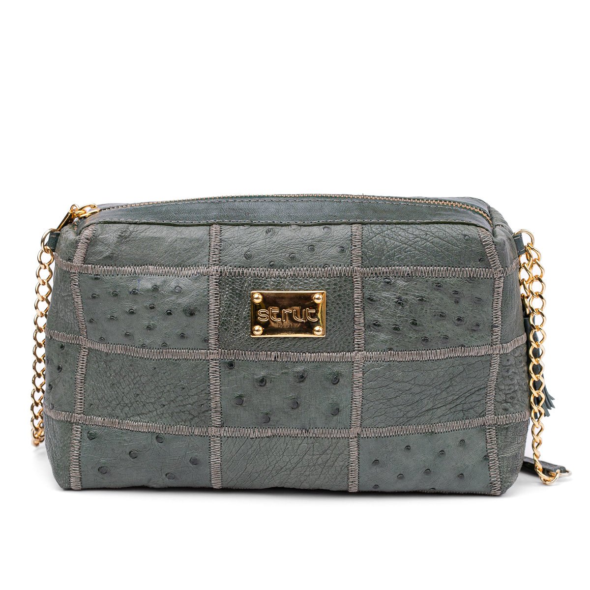 Bolsa de Ombro Feminina em Manta de Couro de Avestruz Verde Petróleo - Strut