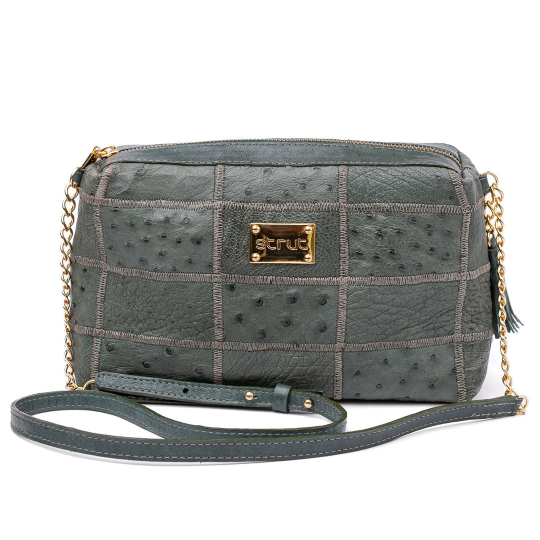 Bolsa de Ombro Feminina em Manta de Couro de Avestruz Verde Petróleo - Strut