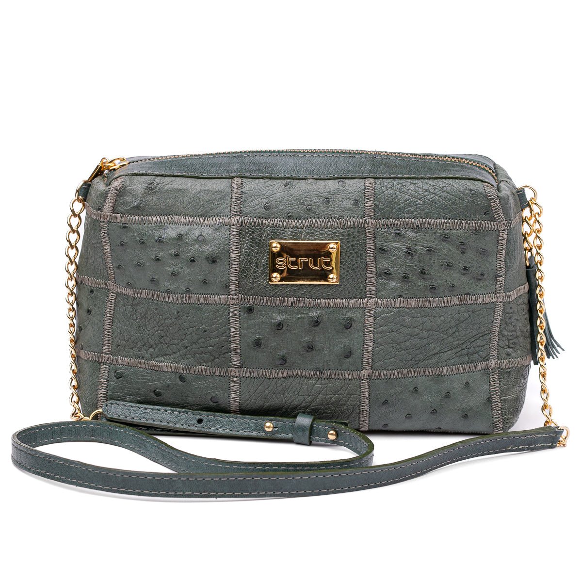 Bolsa de Ombro Feminina em Manta de Couro de Avestruz Verde Petróleo - Strut